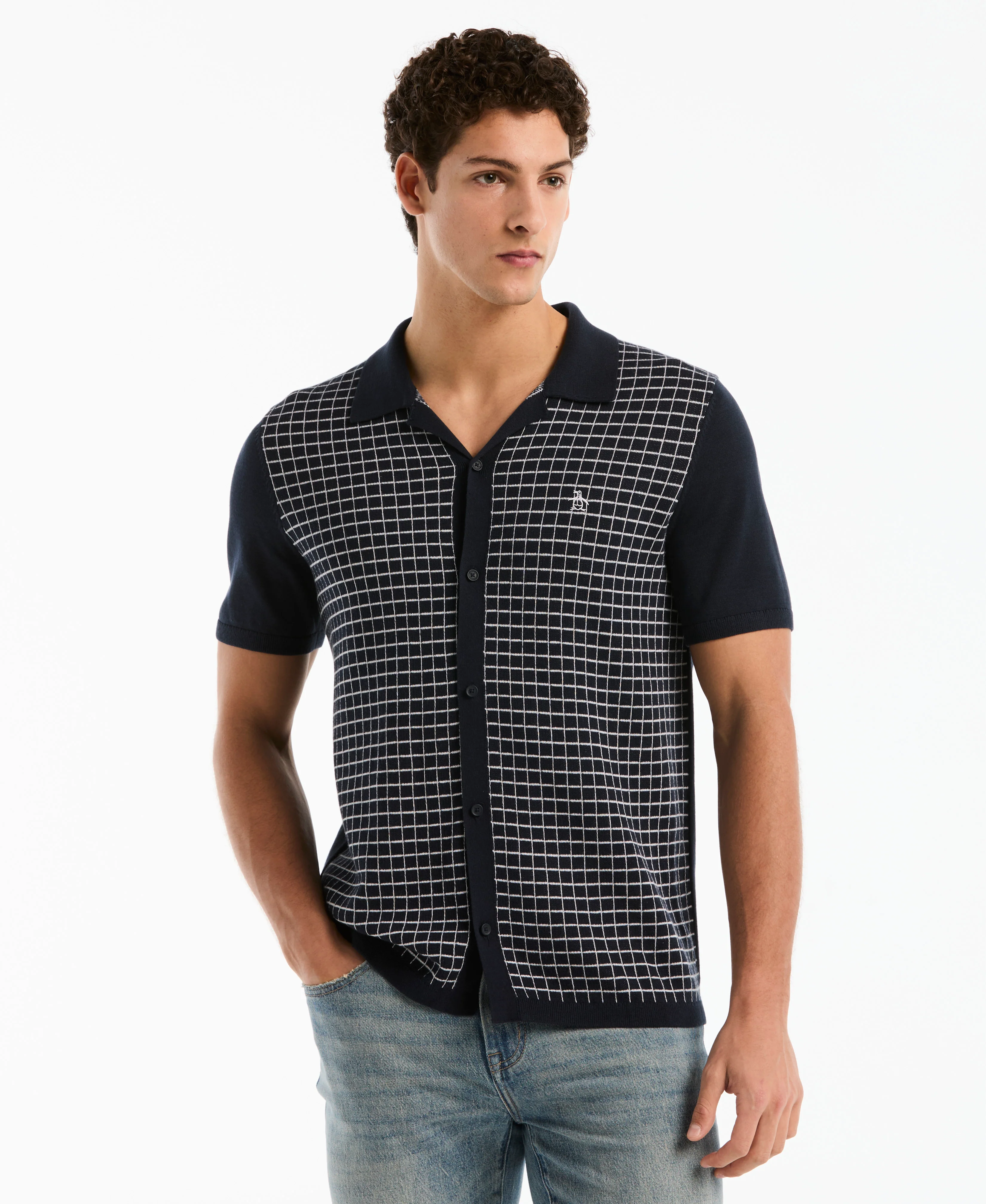 Chainstitch Grid Button-Front Sweater Polo