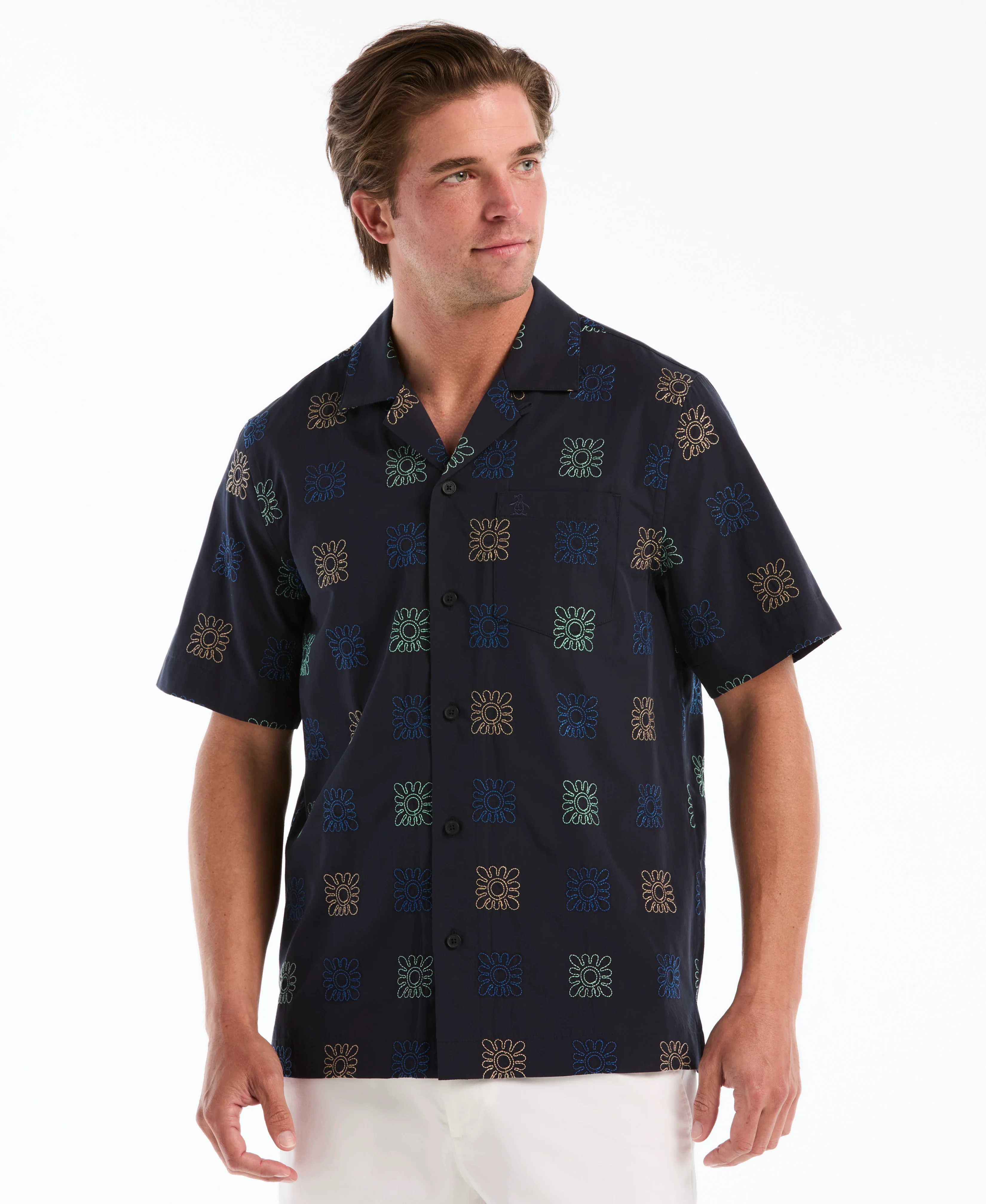 Embroidered Button-Up Camp Shirt