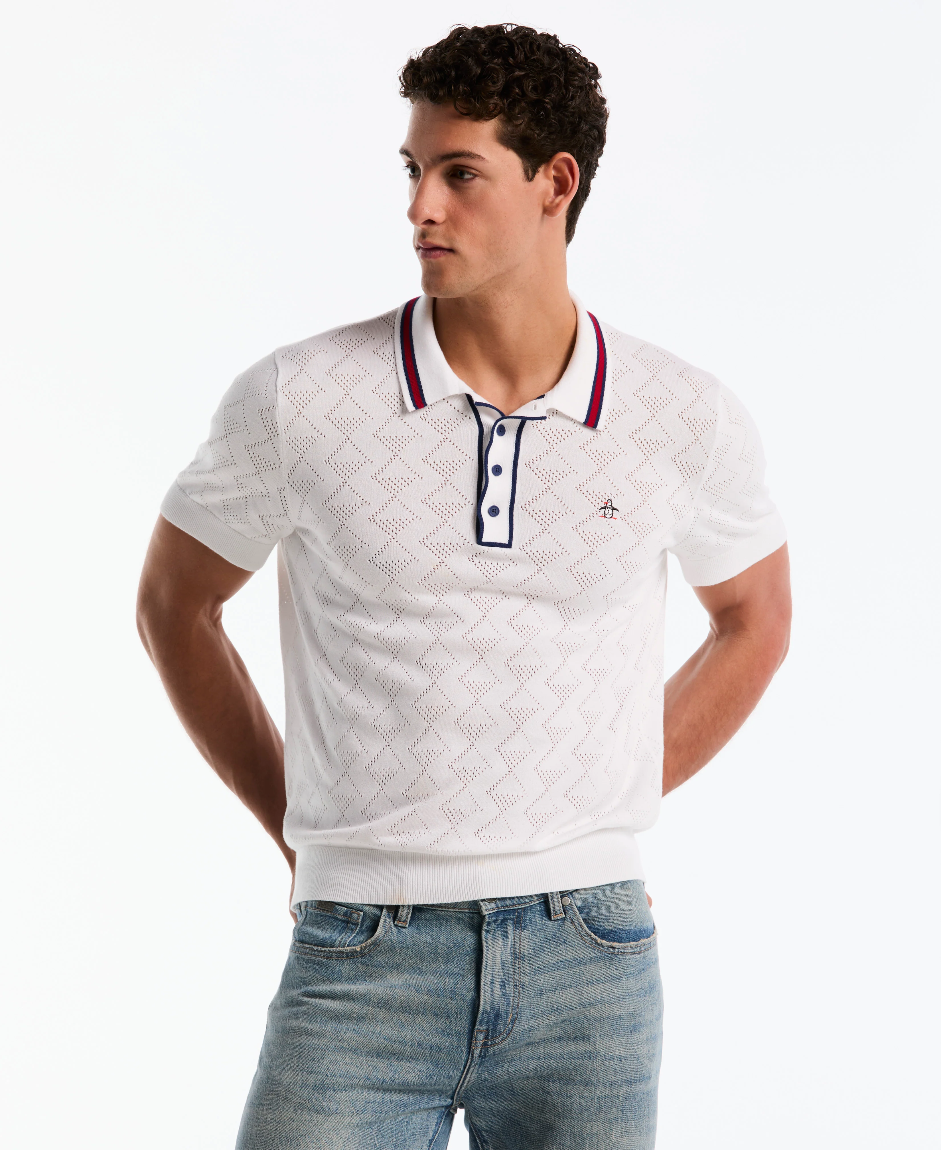 Geometric Eyelet Sweater Polo