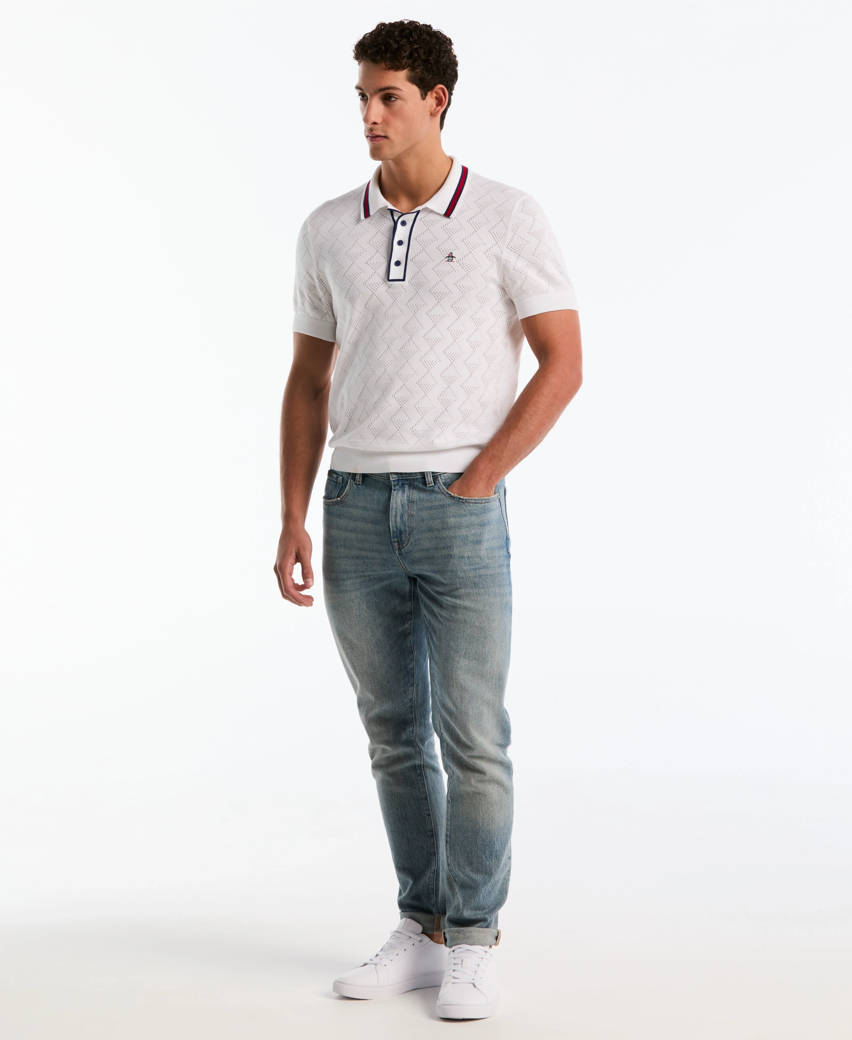 Geometric Eyelet Sweater Polo - Image 4