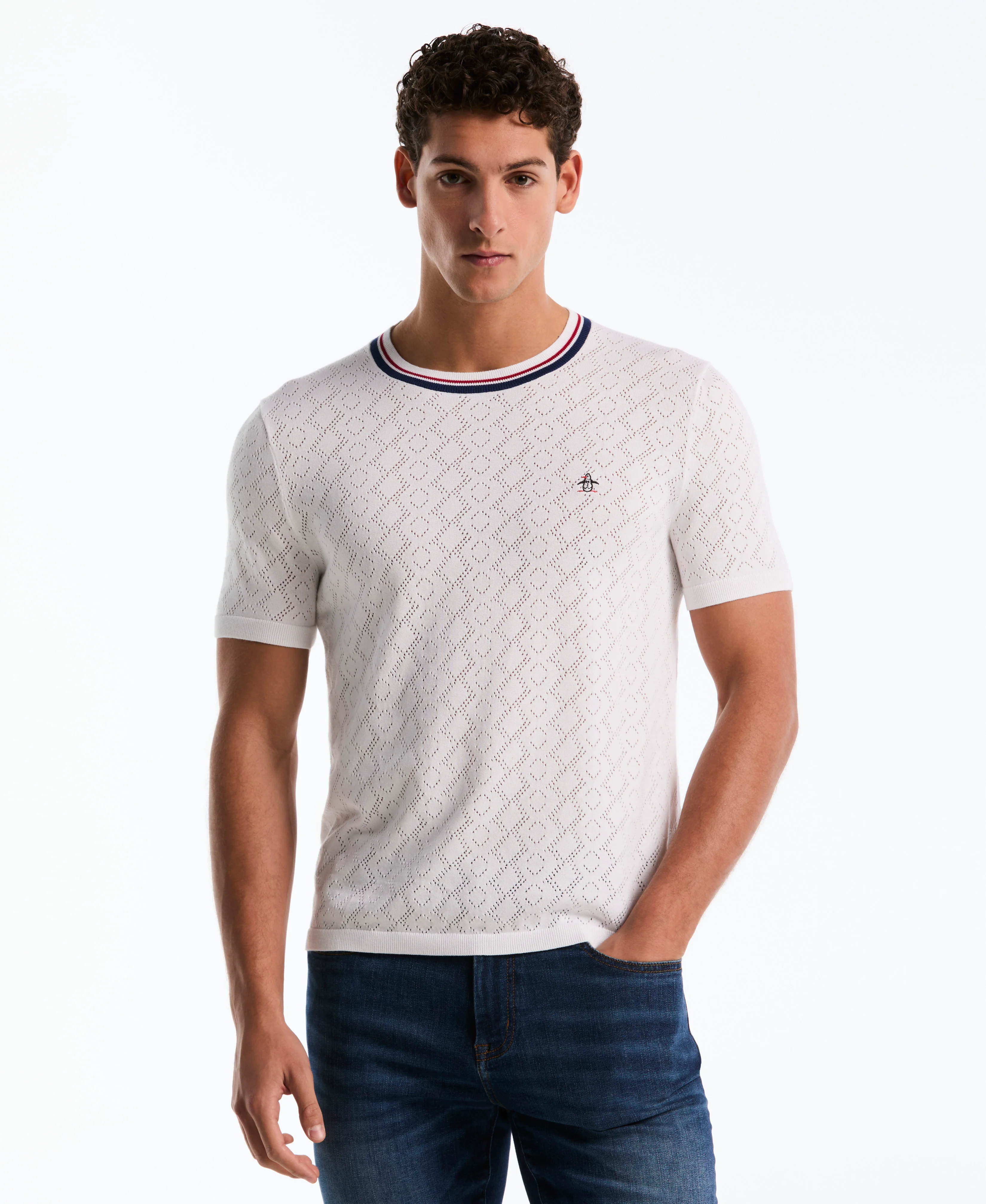 Jacquard Geometric Eyelet Sweater Tee - Image 6