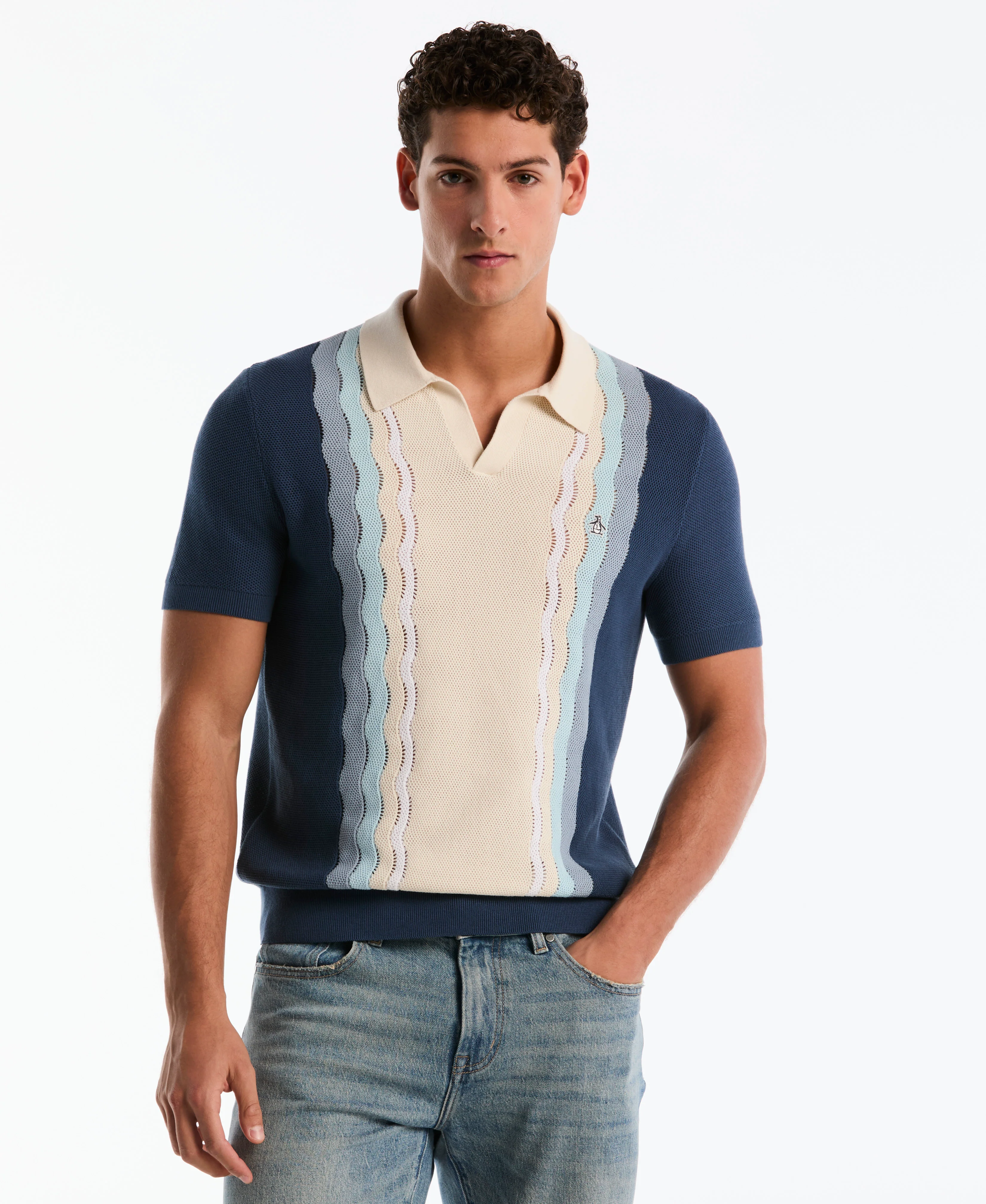Mesh Striped Johnny Collar Sweater Polo