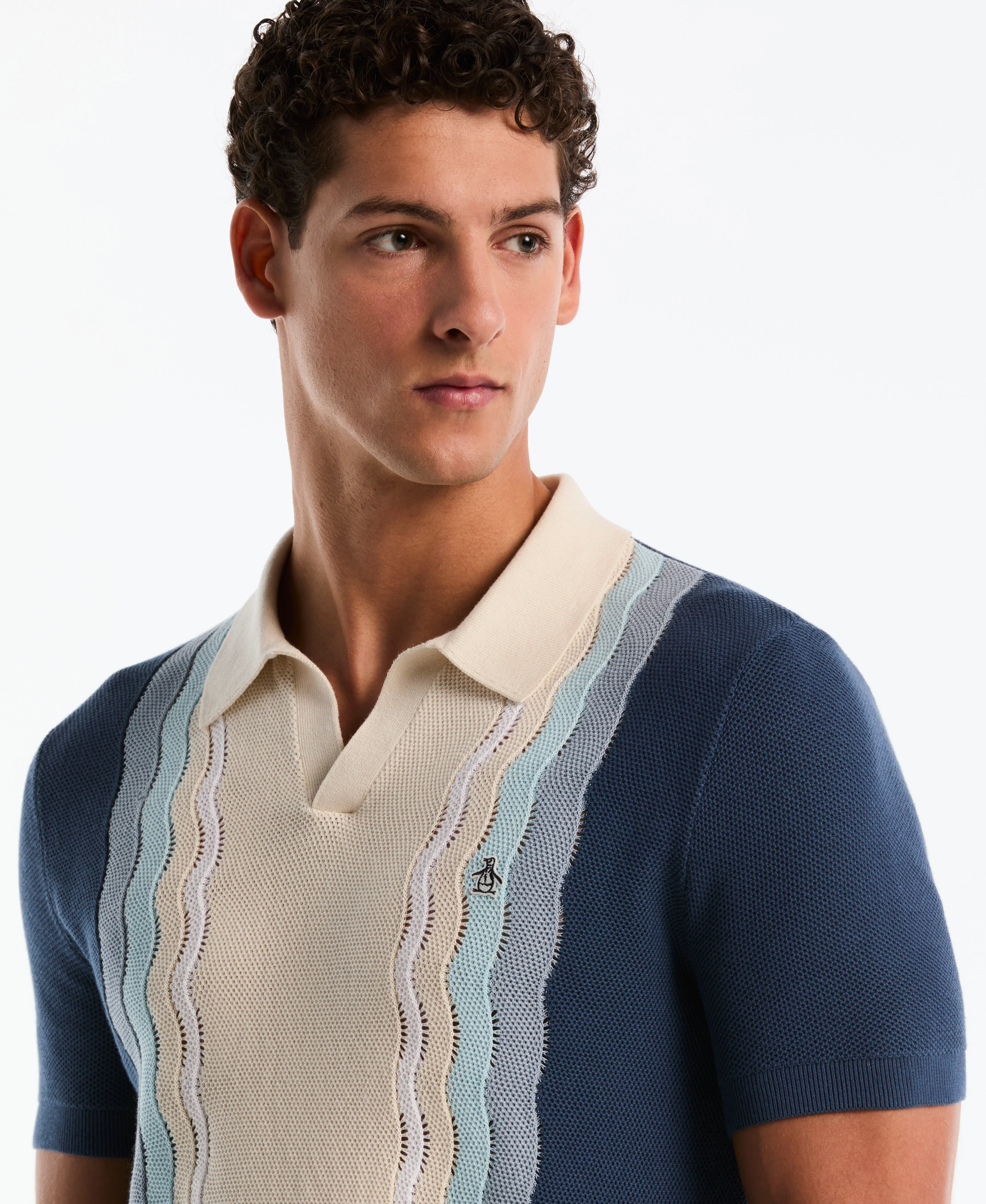 Mesh Striped Johnny Collar Sweater Polo - Image 3
