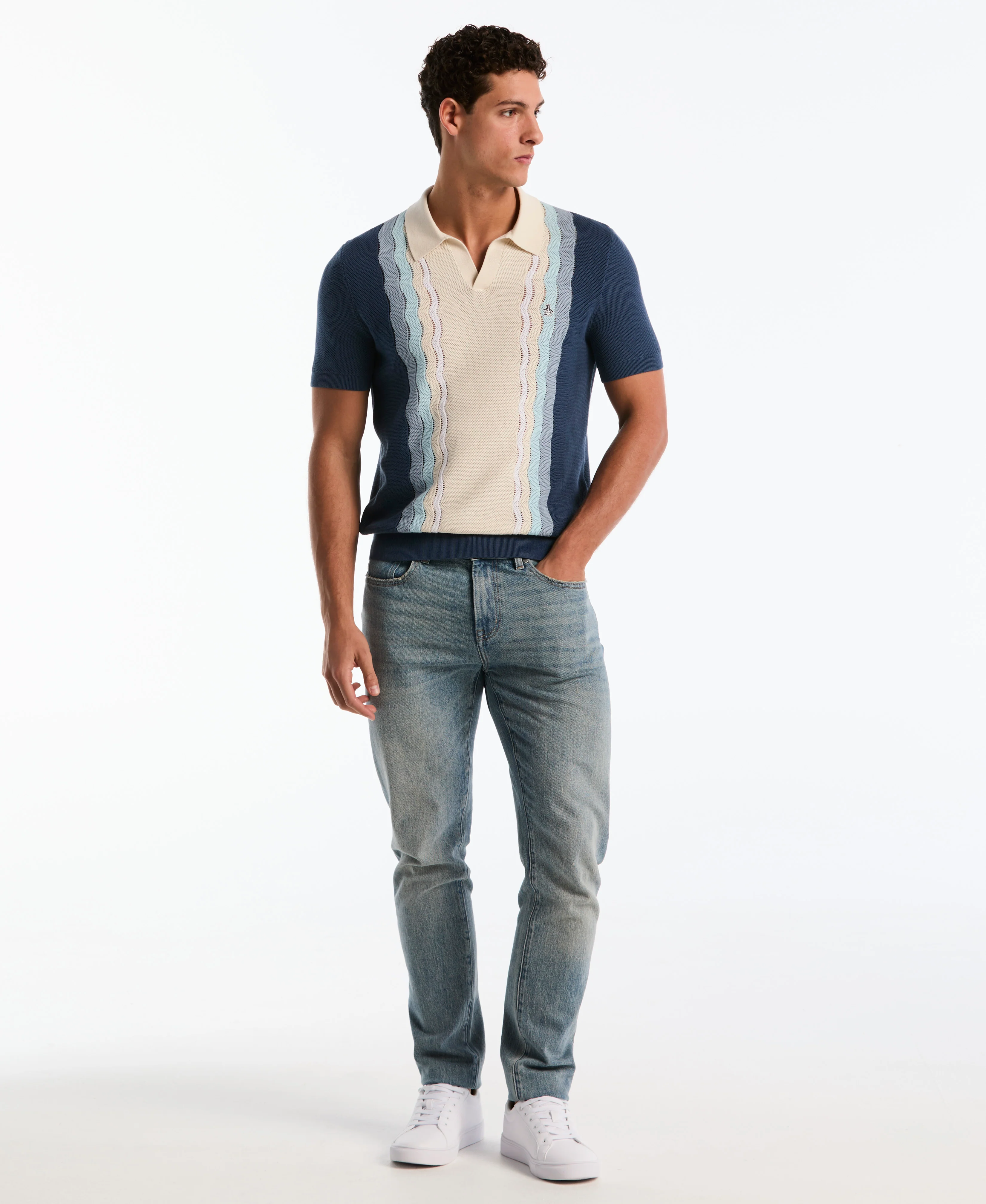Mesh Striped Johnny Collar Sweater Polo - Image 4