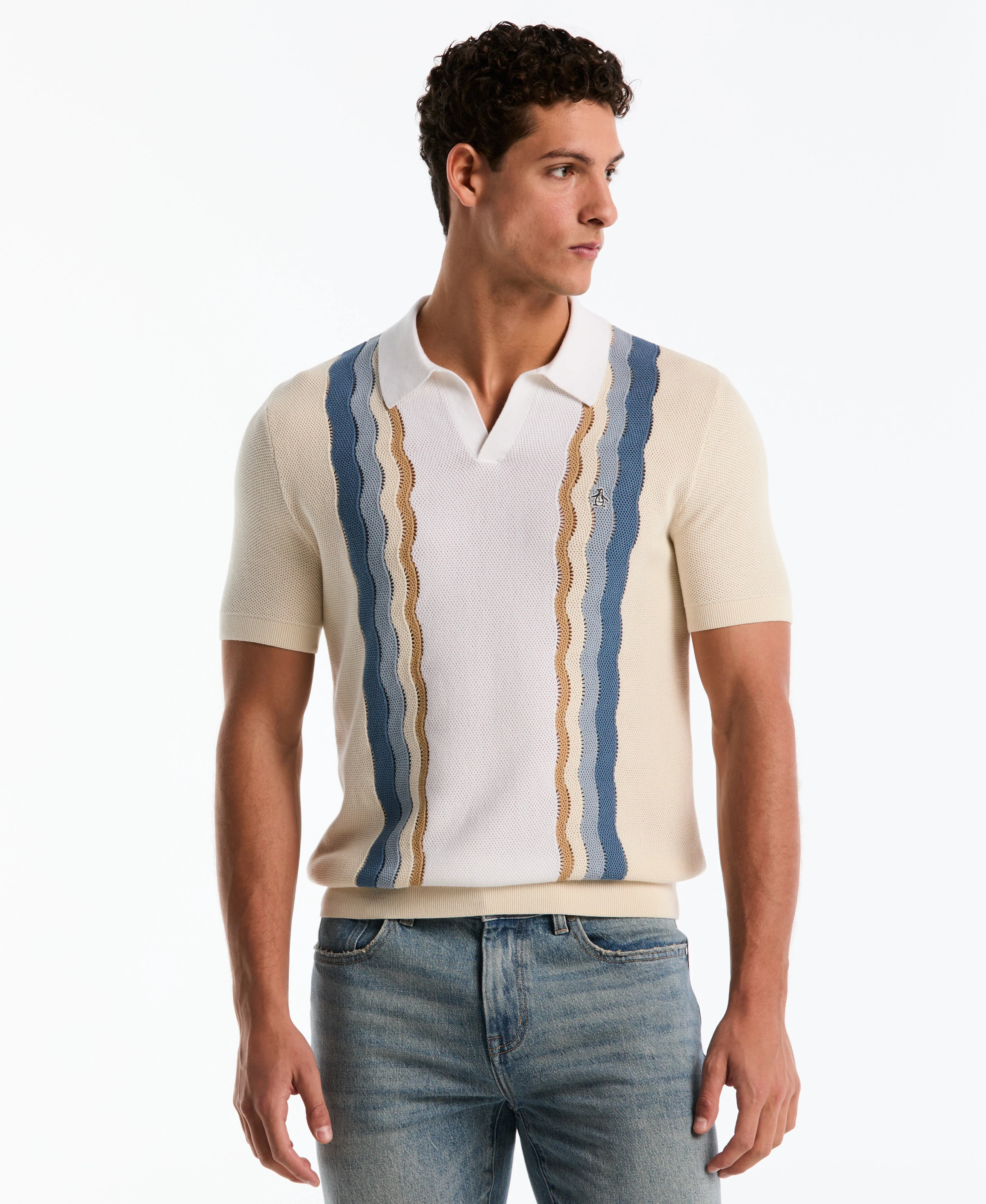 Mesh Striped Johnny Collar Sweater Polo - Image 5