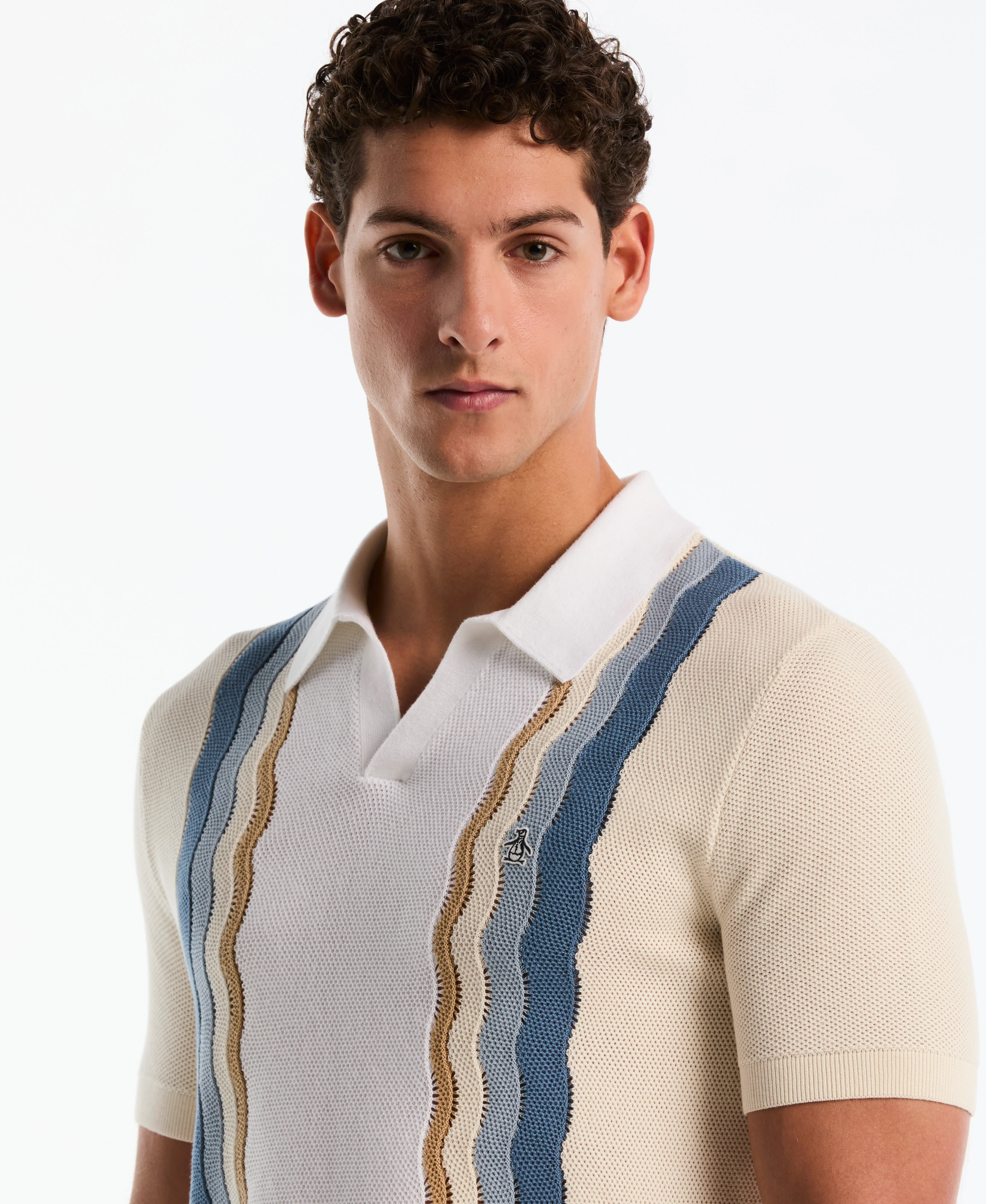 Mesh Striped Johnny Collar Sweater Polo - Image 7