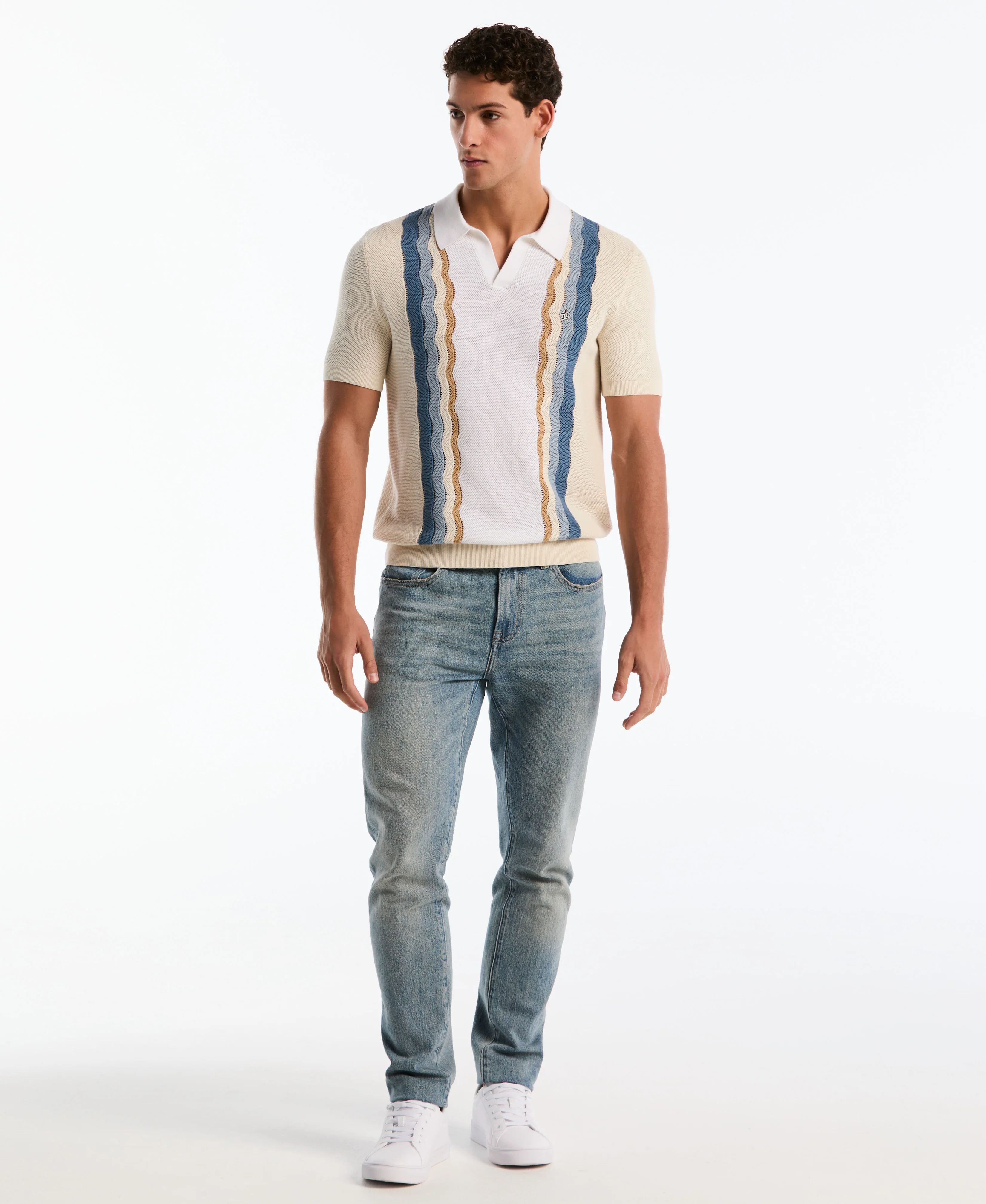 Mesh Striped Johnny Collar Sweater Polo - Image 8