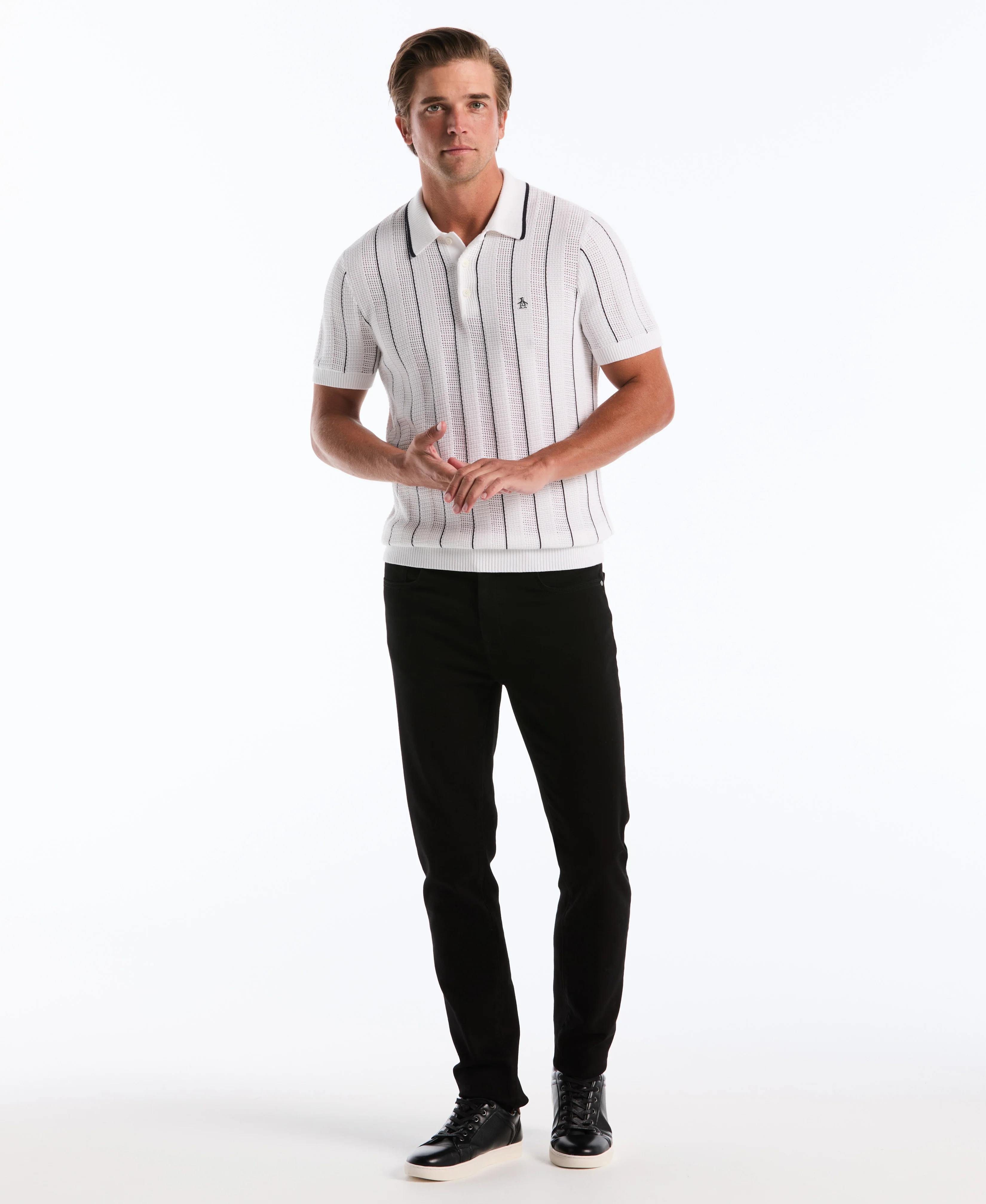 Vertical Mesh Stripe Sweater Polo - Image 4