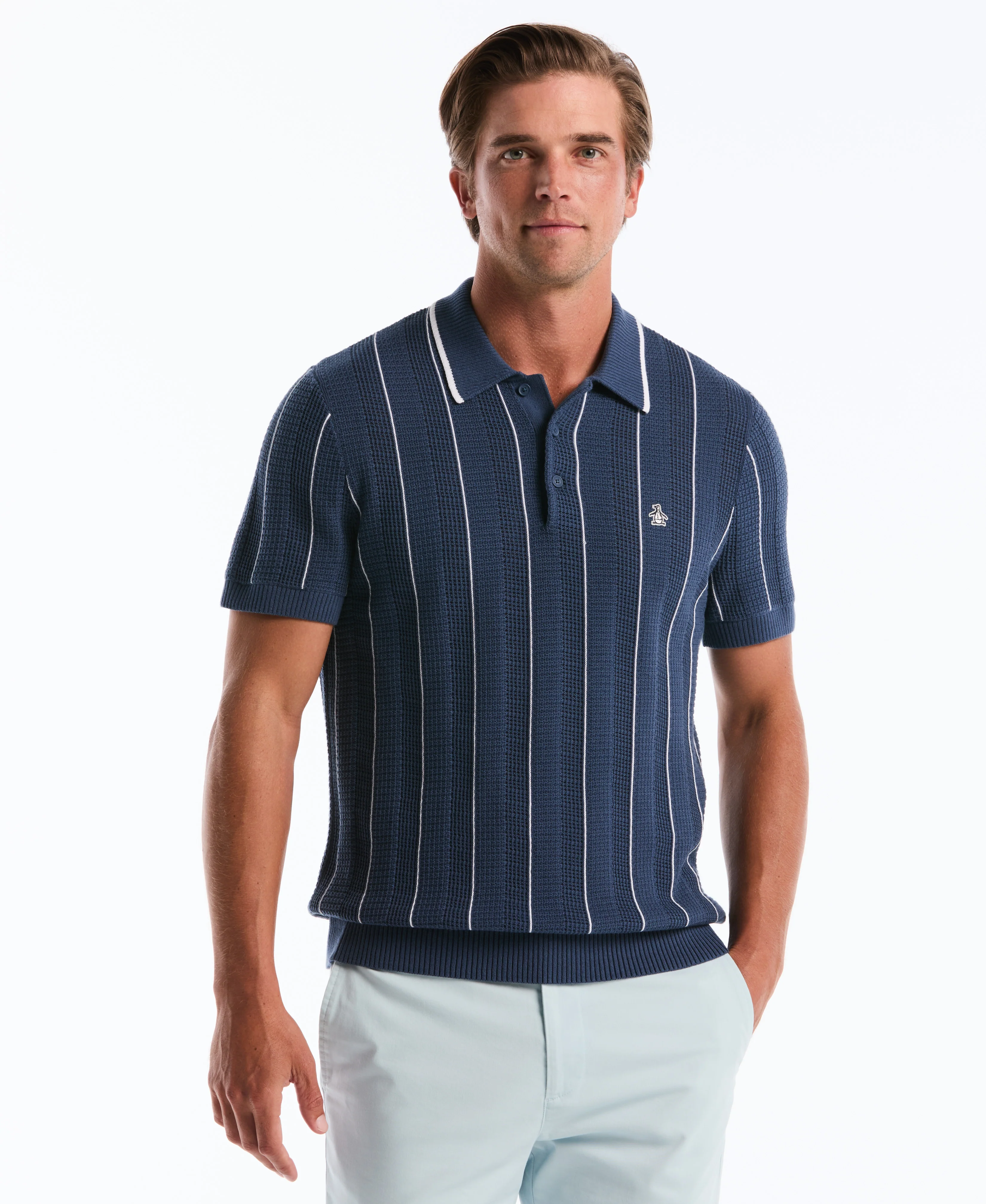 Vertical Mesh Stripe Sweater Polo - Image 5
