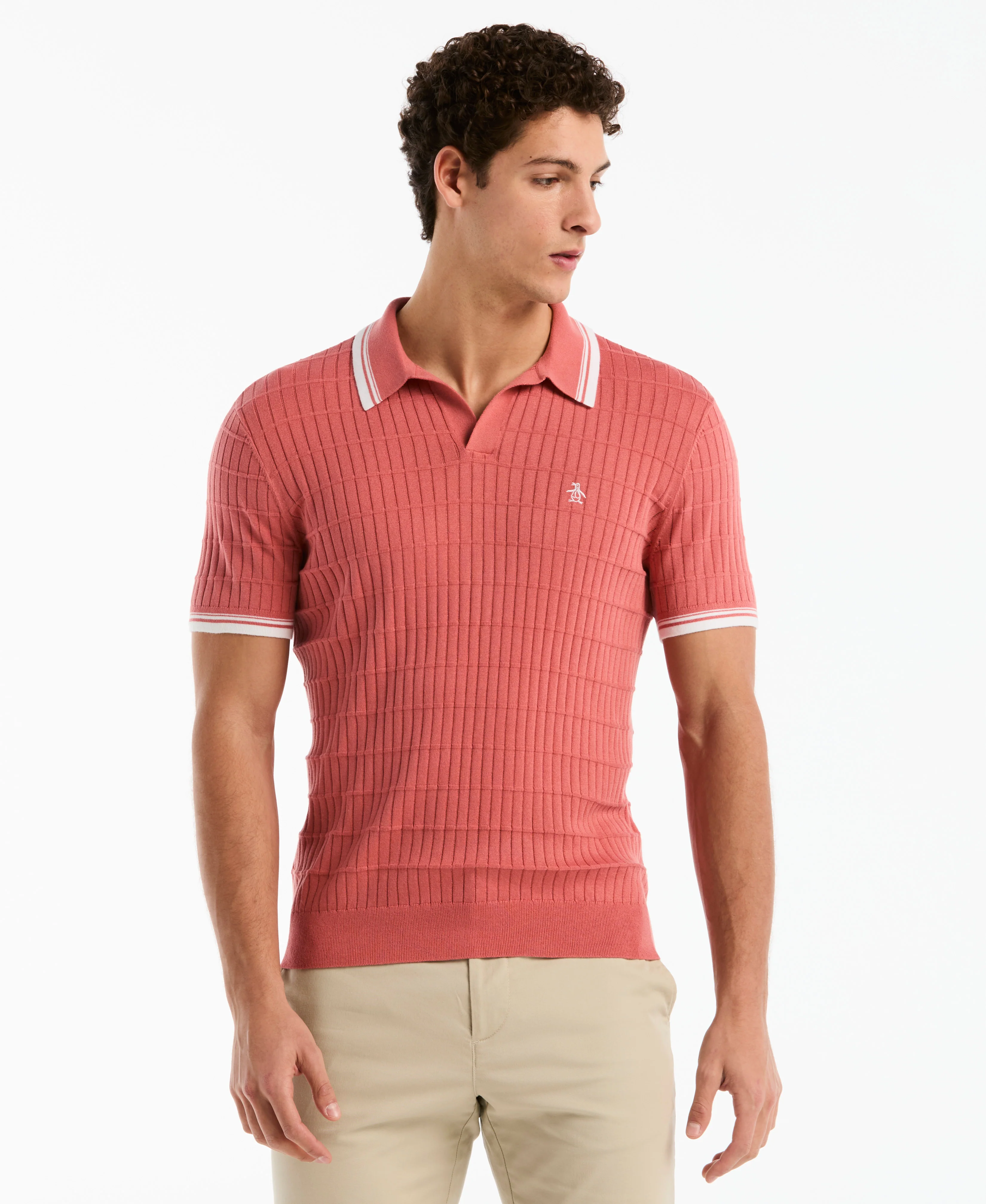 Grid Knit Johnny Collar Sweater Polo