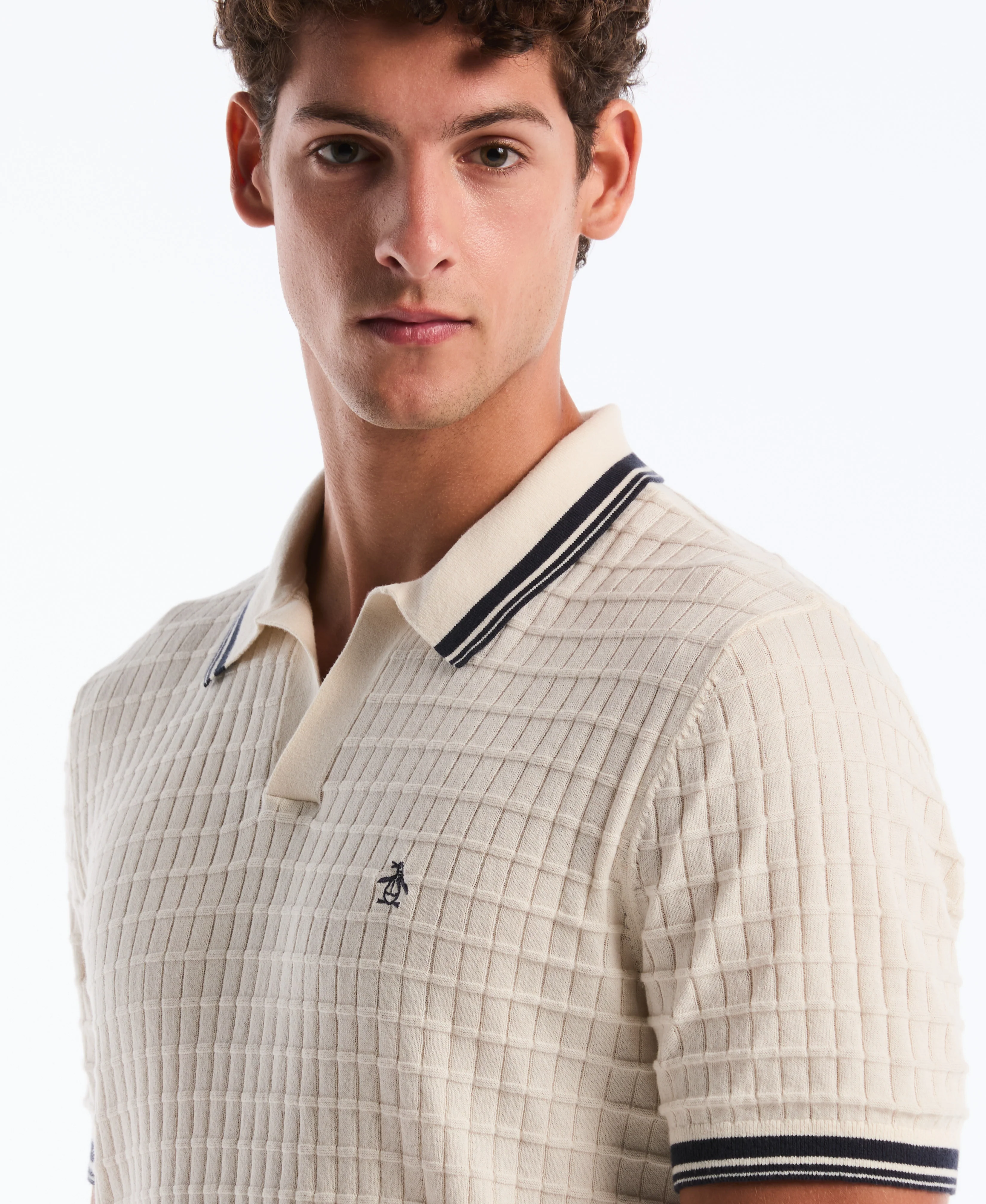 Grid Knit Johnny Collar Sweater Polo - Image 11