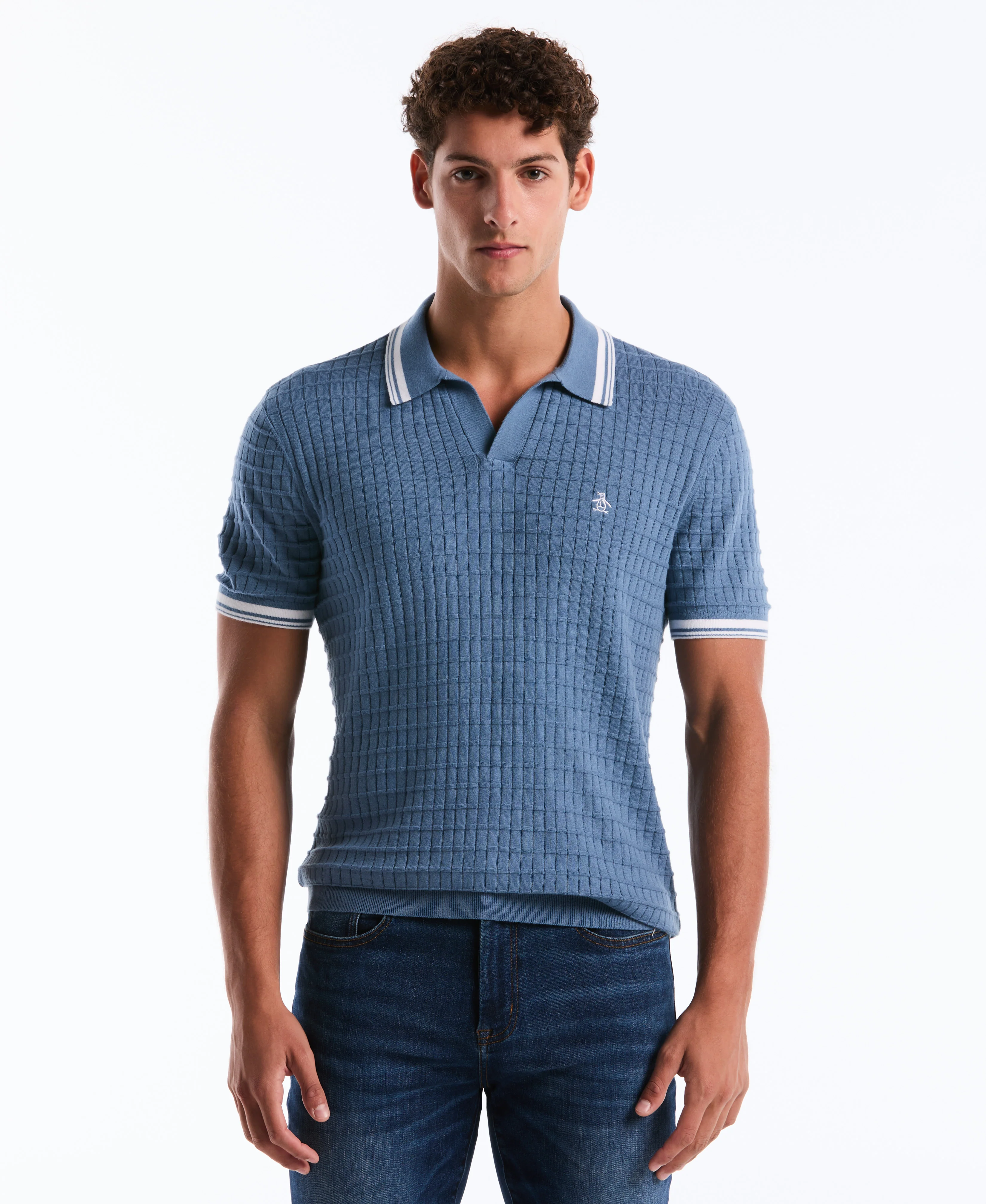 Grid Knit Johnny Collar Sweater Polo - Image 13