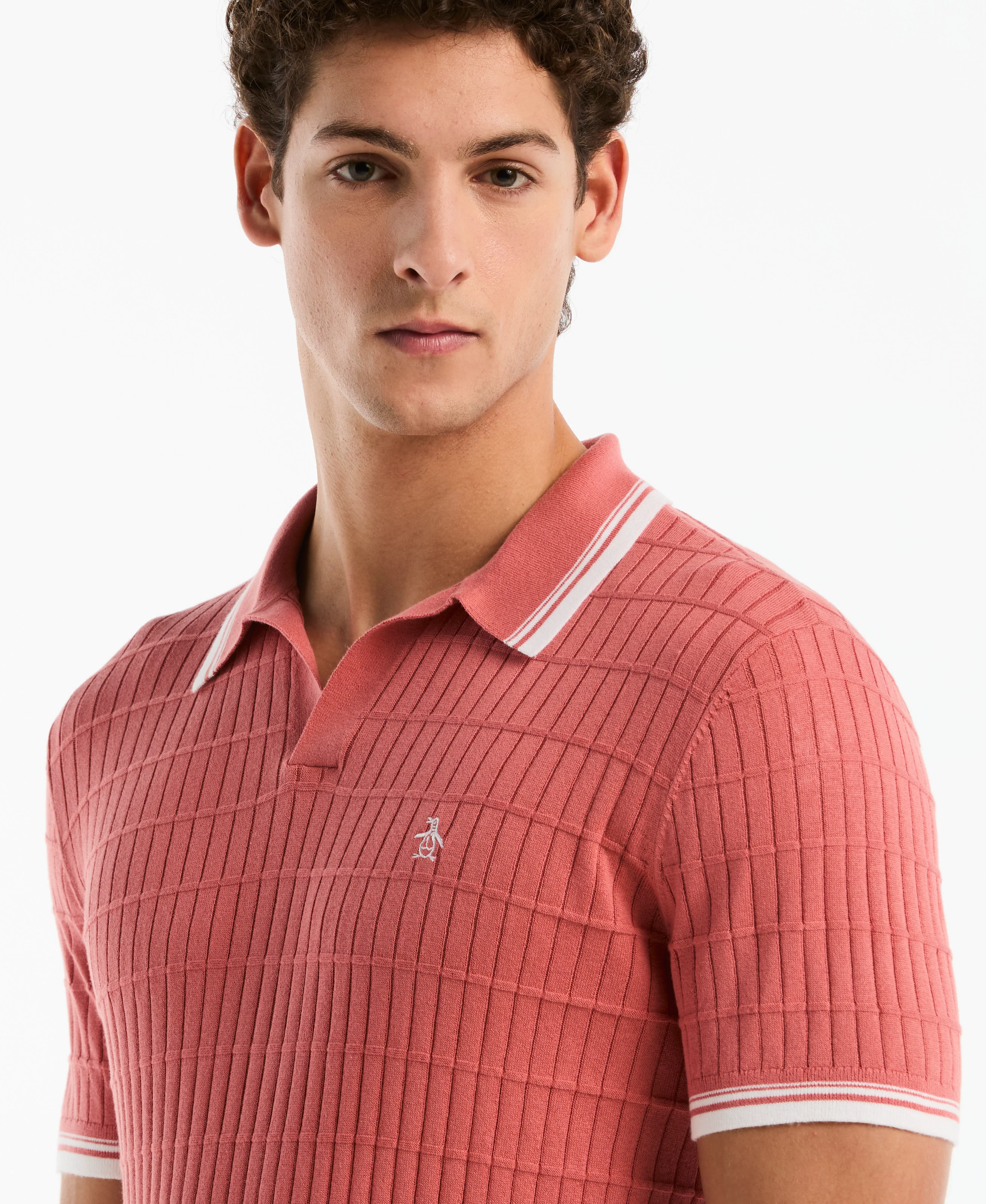 Grid Knit Johnny Collar Sweater Polo - Image 3