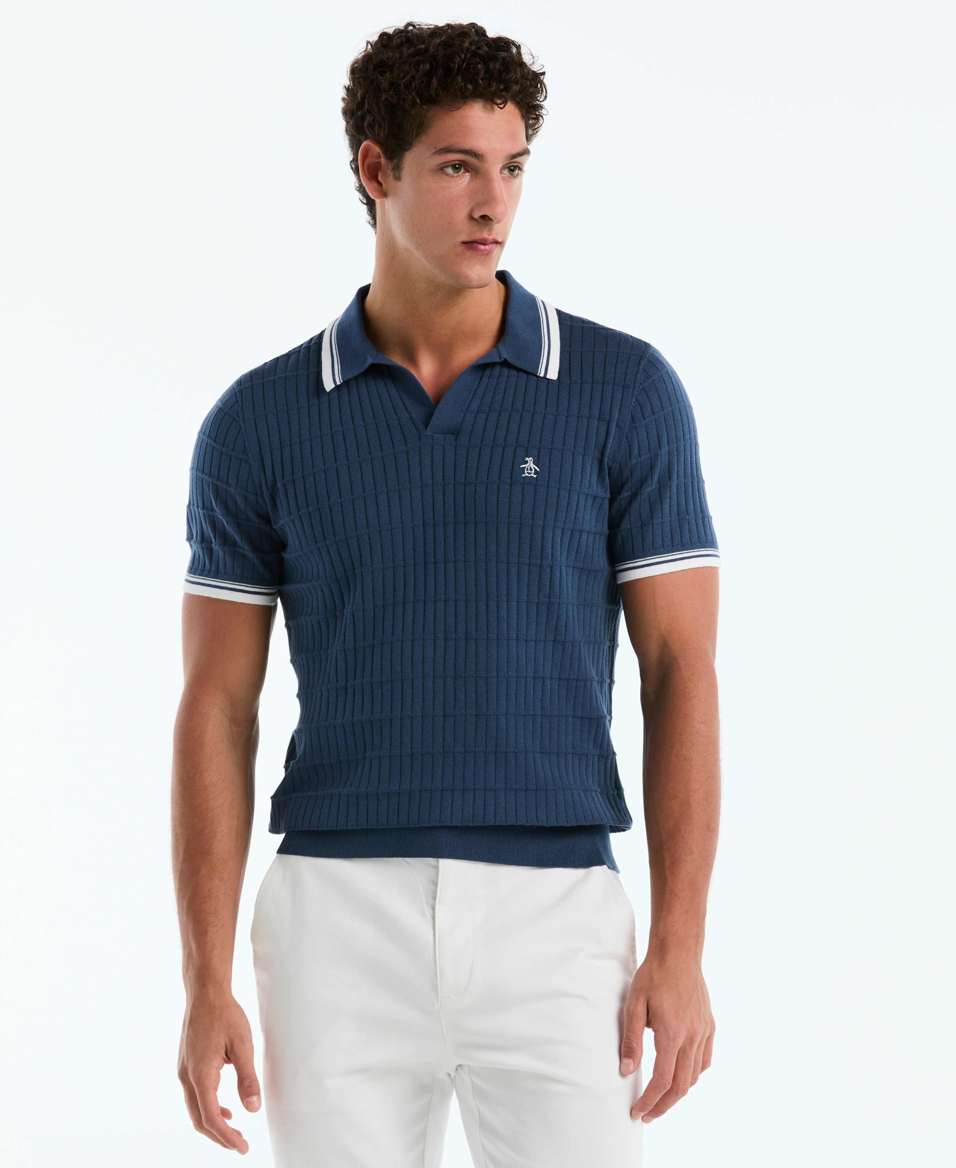 Grid Knit Johnny Collar Sweater Polo - Image 5