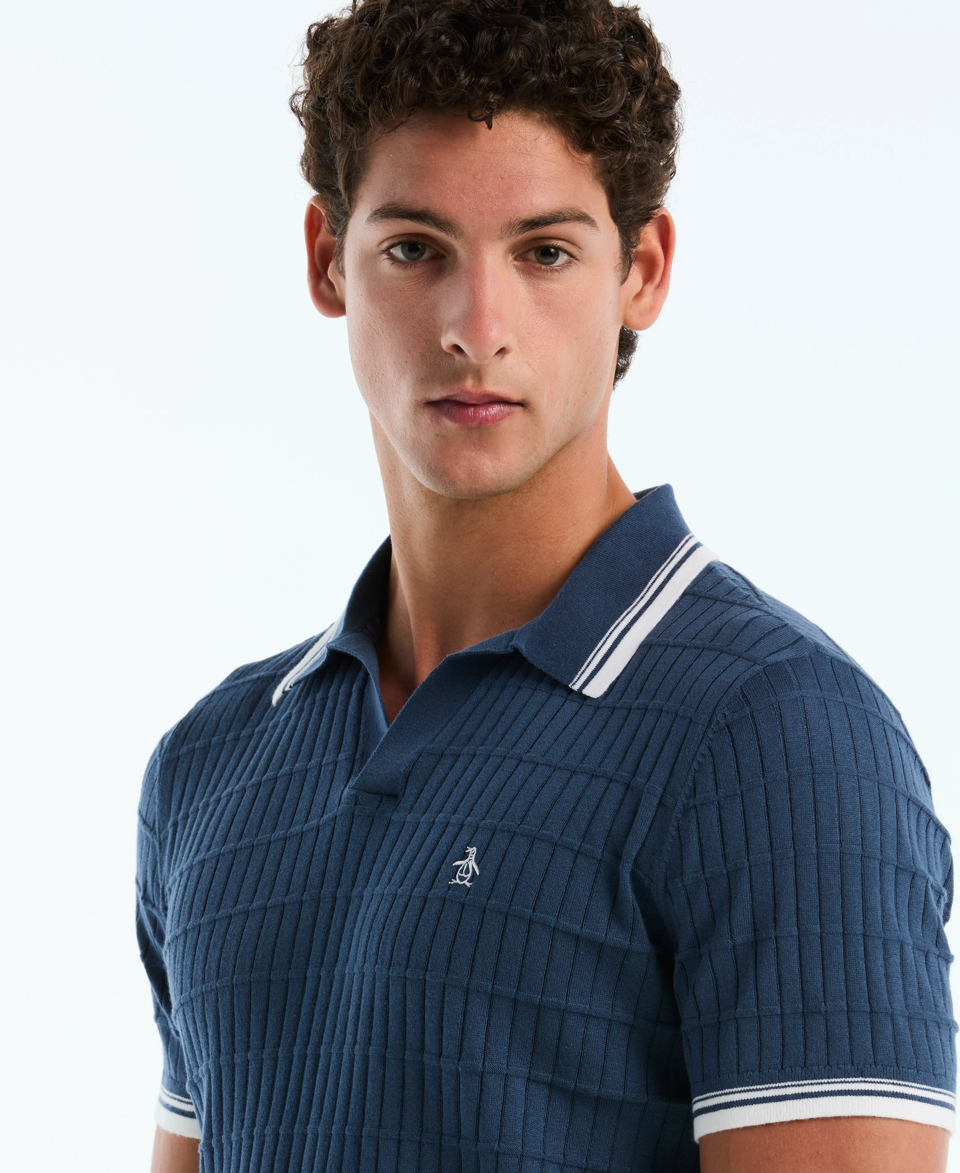 Grid Knit Johnny Collar Sweater Polo - Image 7