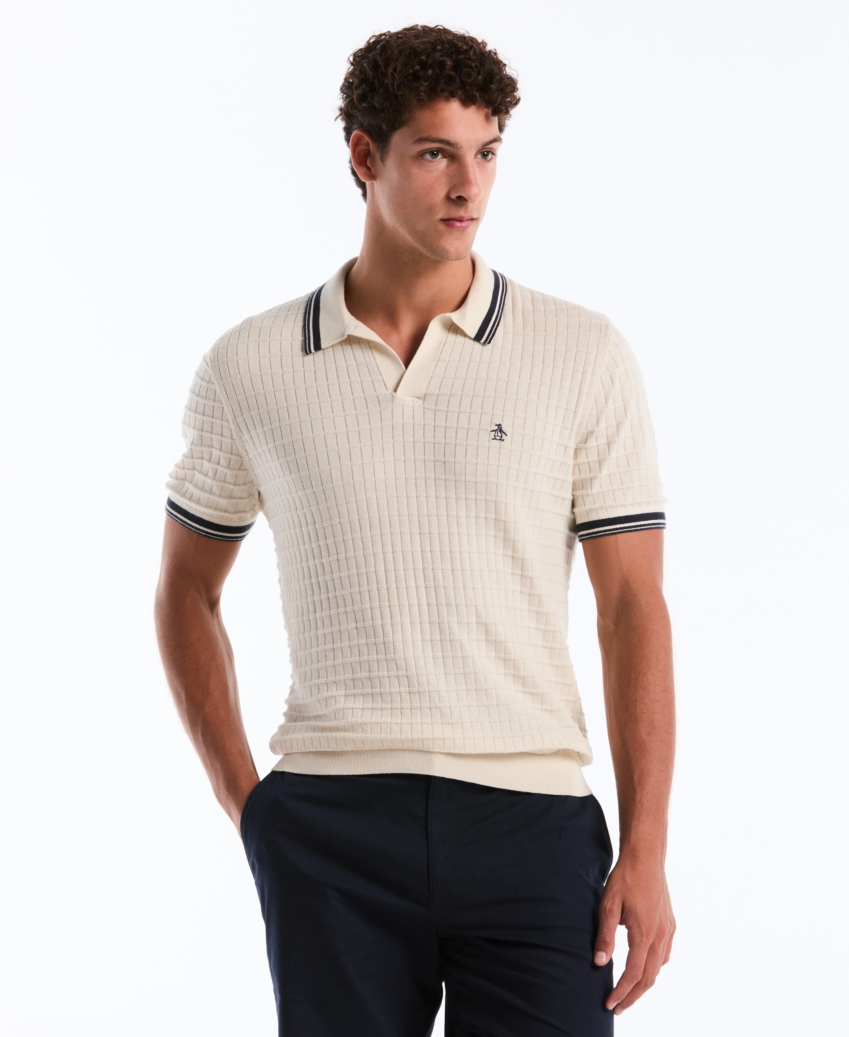 Grid Knit Johnny Collar Sweater Polo - Image 9