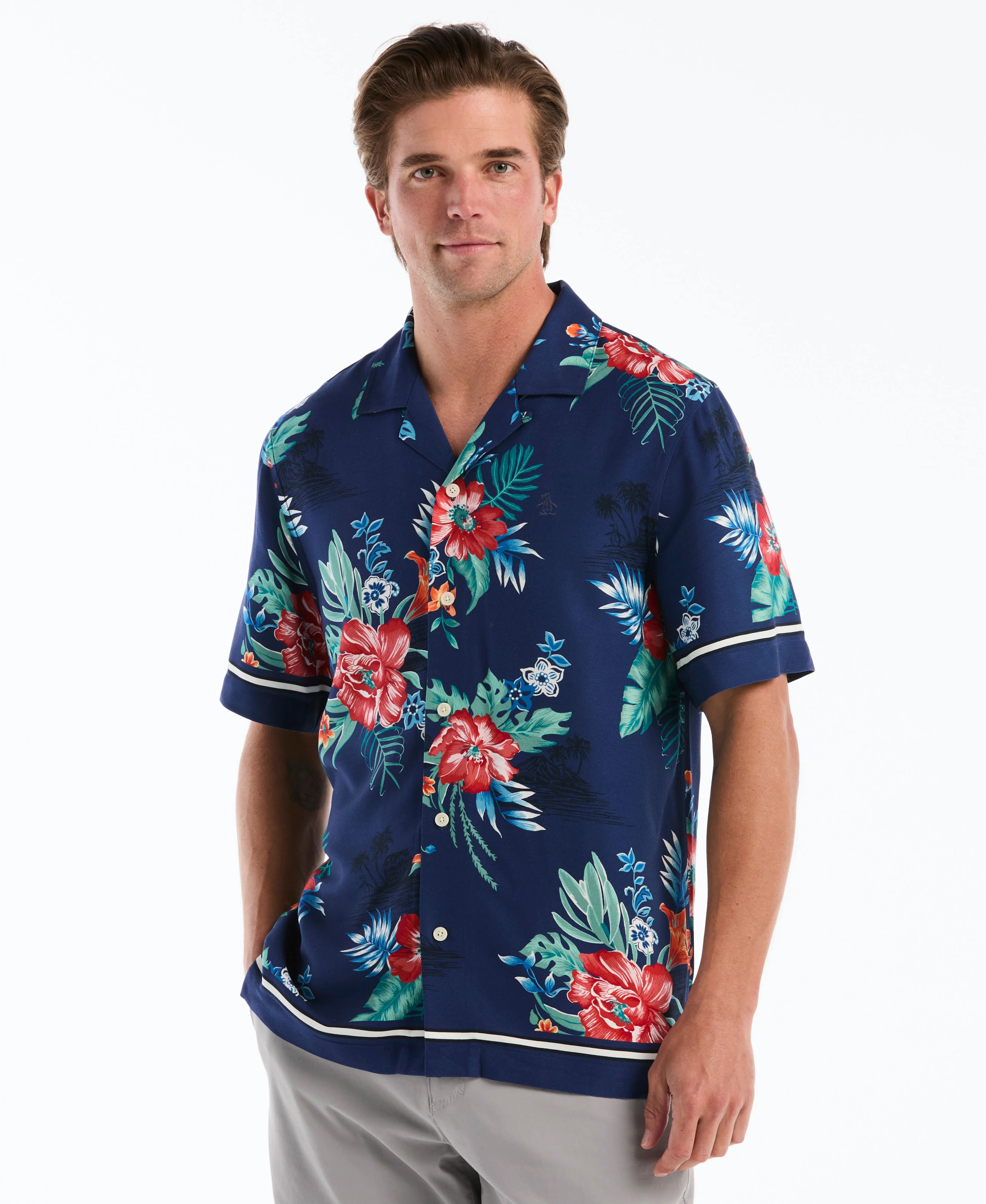 Hawaiian Print Button-Up Camp Shirt