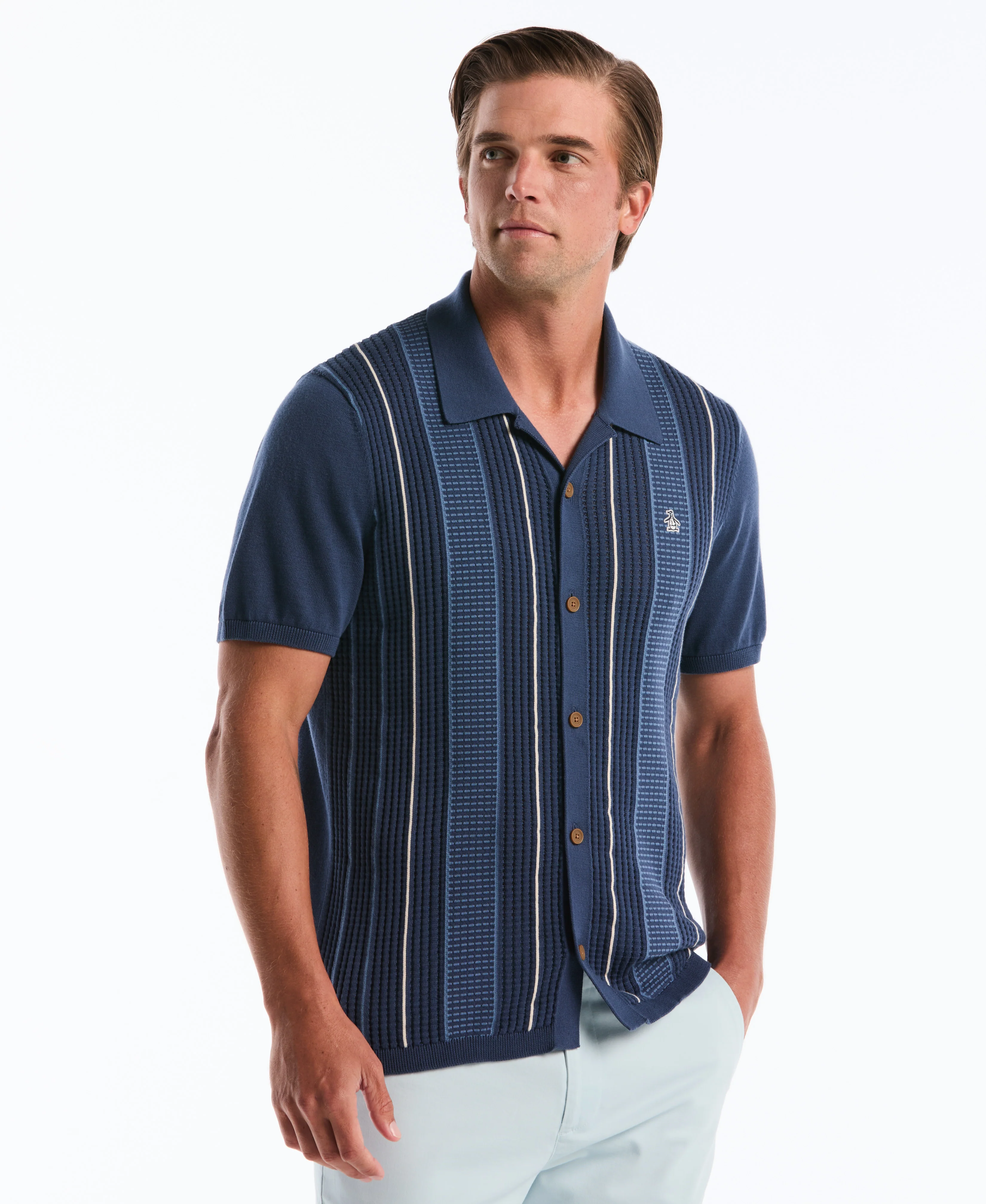 Vertical Striped Button-Up Sweater Polo