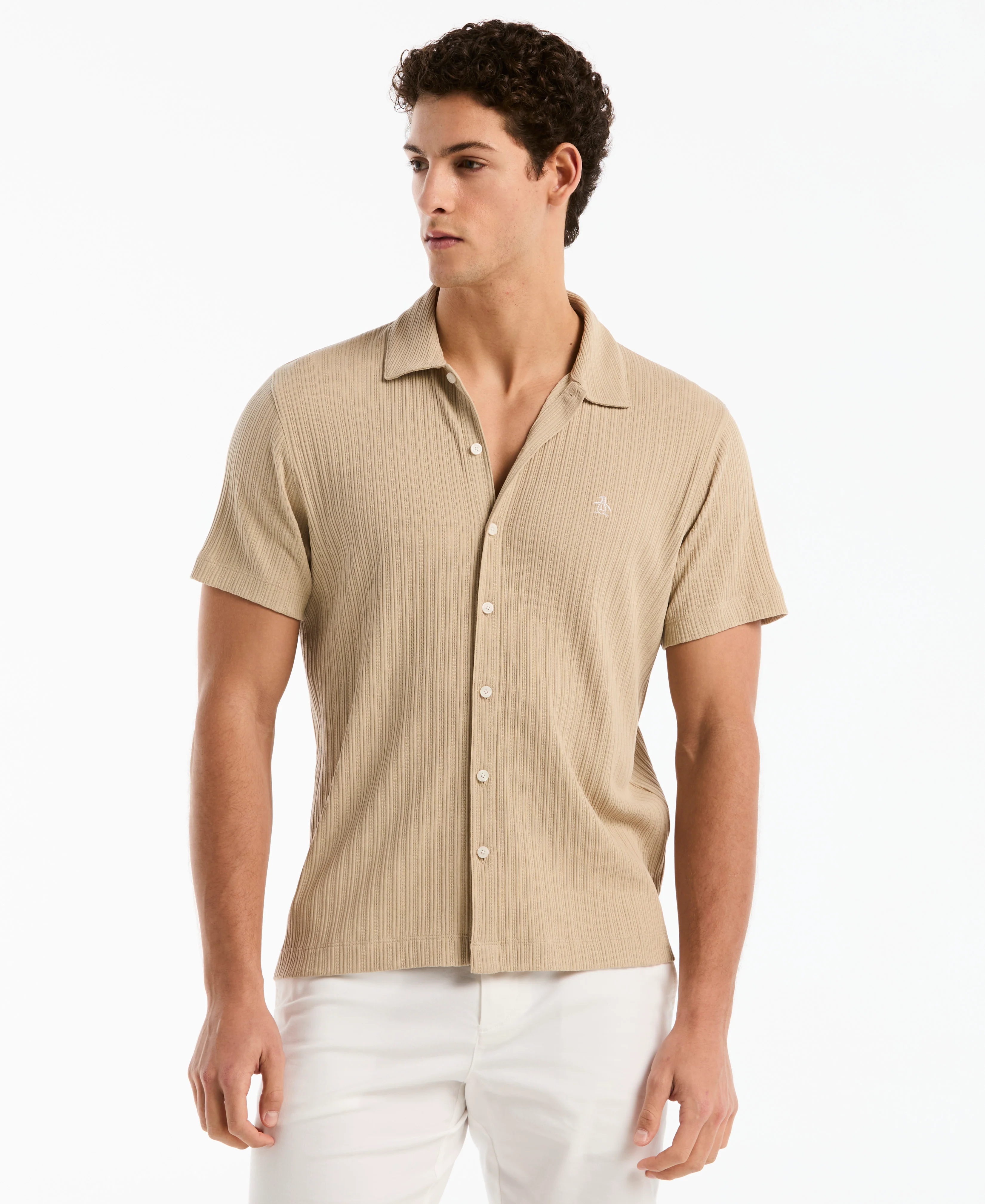 Raised Rib Knit Button-Up Shirt